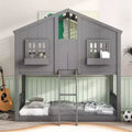 MAYEERTY Twin Over Twin House Bunk Pine Wood Bed with Roof Window Box Door Guardrails Ladder Gray for Bedroom