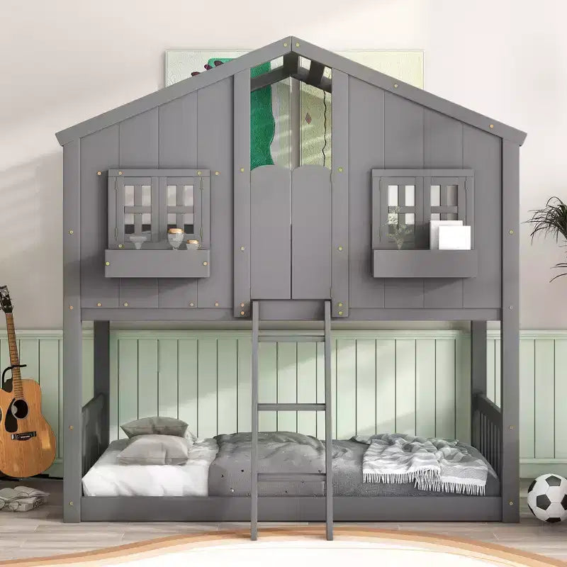 MAYEERTY Twin Over Twin House Bunk Pine Wood Bed with Roof Window Box Door Guardrails Ladder Gray for Bedroom