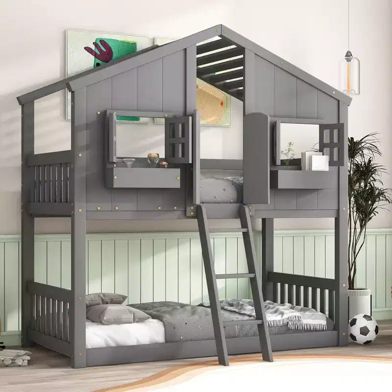 MAYEERTY Twin Over Twin House Bunk Pine Wood Bed with Roof Window Box Door Guardrails Ladder Gray for Bedroom