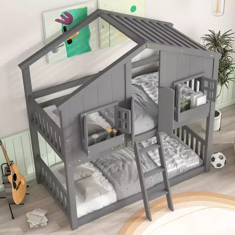 MAYEERTY Twin Over Twin House Bunk Pine Wood Bed with Roof Window Box Door Guardrails Ladder Gray for Bedroom