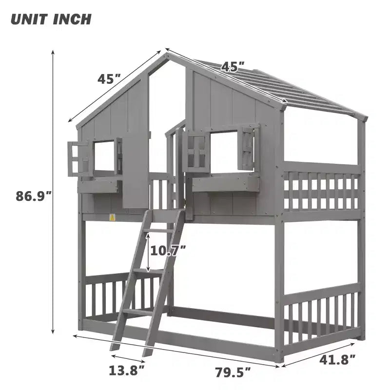 MAYEERTY Twin Over Twin House Bunk Pine Wood Bed with Roof Window Box Door Guardrails Ladder Gray for Bedroom