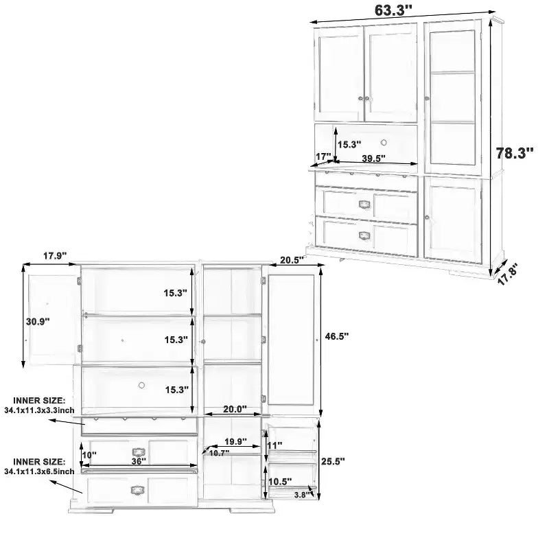 GDFStudio Michelson 63.3 Farmhouse Tall Freestanding Buffet with Drawers and Adjustable Shelves
