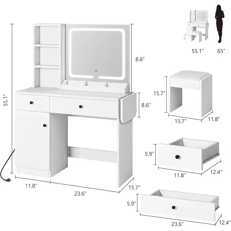 Vanity Desk, Makeup Vanity with Mirror, LED Light, 2 Drawers and Storage Cabinet, Vanity Table Set with Comfortable Stool for Bedroom