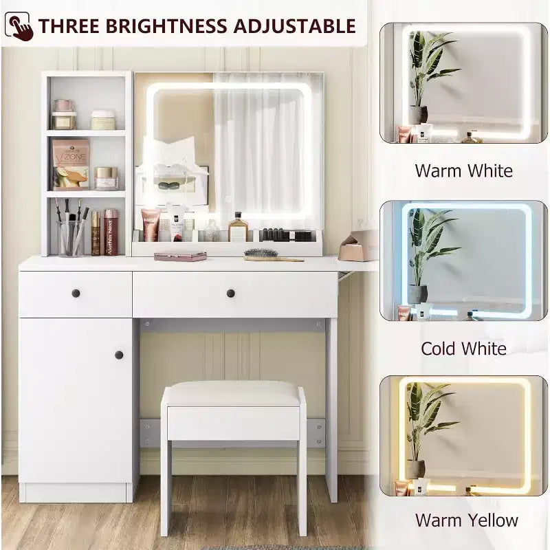 Vanity Desk, Makeup Vanity with Mirror, LED Light, 2 Drawers and Storage Cabinet, Vanity Table Set with Comfortable Stool for Bedroom