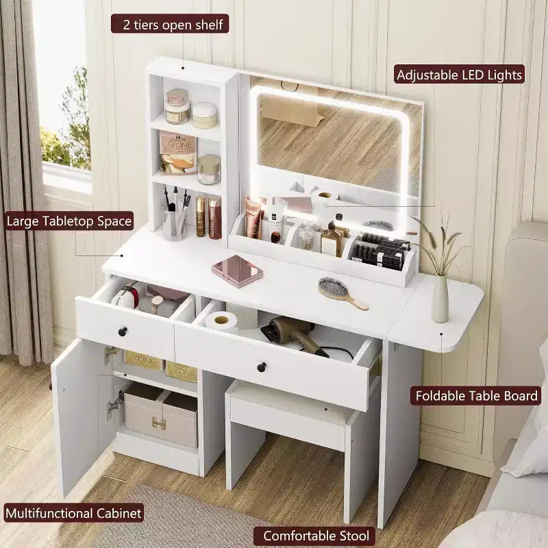 Vanity Desk, Makeup Vanity with Mirror, LED Light, 2 Drawers and Storage Cabinet, Vanity Table Set with Comfortable Stool for Bedroom