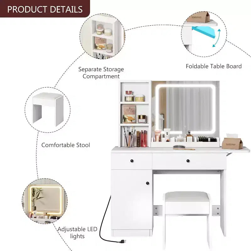Vanity Desk, Makeup Vanity with Mirror, LED Light, 2 Drawers and Storage Cabinet, Vanity Table Set with Comfortable Stool for Bedroom