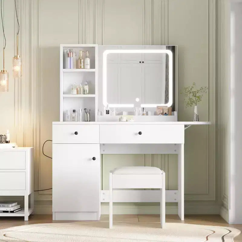 Vanity Desk, Makeup Vanity with Mirror, LED Light, 2 Drawers and Storage Cabinet, Vanity Table Set with Comfortable Stool for Bedroom