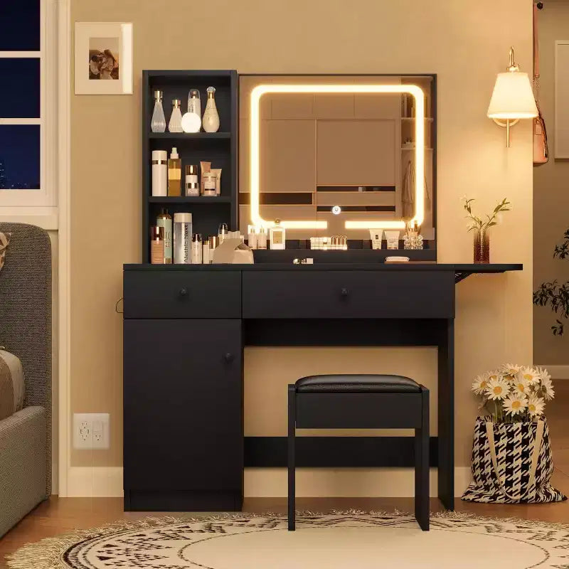 Vanity Desk, Makeup Vanity with Mirror, LED Light, 2 Drawers and Storage Cabinet, Vanity Table Set with Comfortable Stool for Bedroom