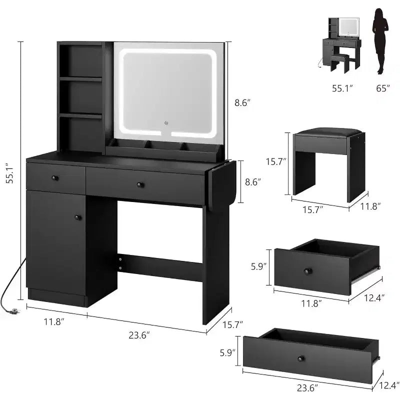 Vanity Desk, Makeup Vanity with Mirror, LED Light, 2 Drawers and Storage Cabinet, Vanity Table Set with Comfortable Stool for Bedroom