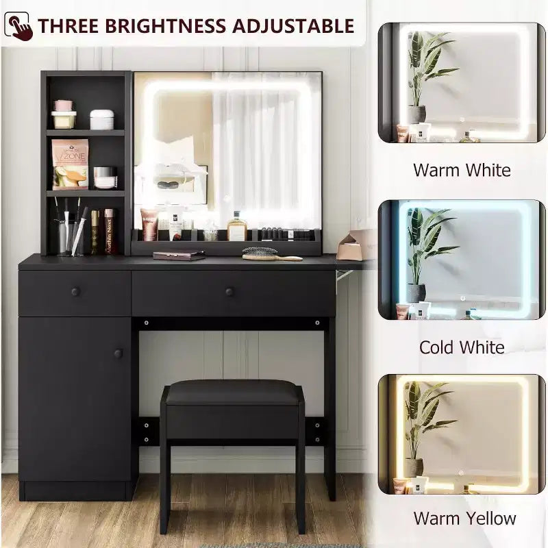 Vanity Desk, Makeup Vanity with Mirror, LED Light, 2 Drawers and Storage Cabinet, Vanity Table Set with Comfortable Stool for Bedroom