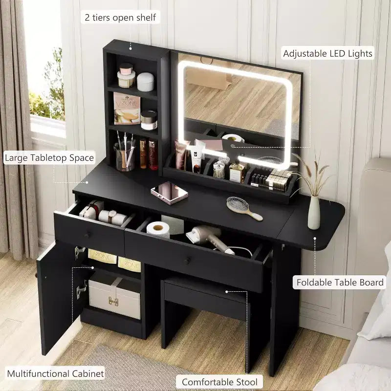 Vanity Desk, Makeup Vanity with Mirror, LED Light, 2 Drawers and Storage Cabinet, Vanity Table Set with Comfortable Stool for Bedroom