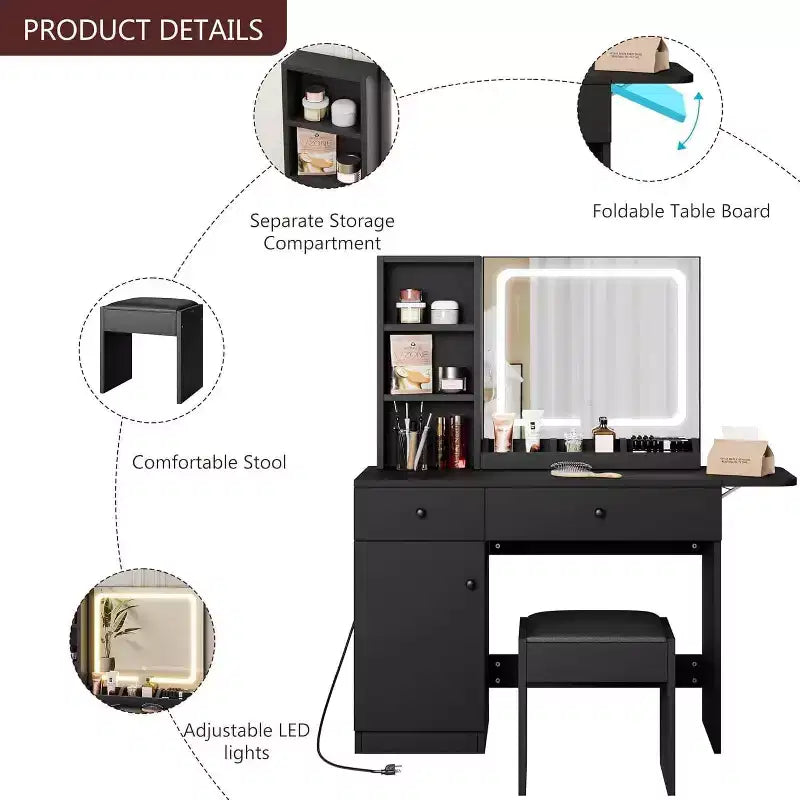 Vanity Desk, Makeup Vanity with Mirror, LED Light, 2 Drawers and Storage Cabinet, Vanity Table Set with Comfortable Stool for Bedroom