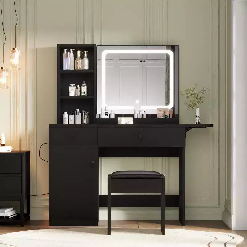 Vanity Desk, Makeup Vanity with Mirror, LED Light, 2 Drawers and Storage Cabinet, Vanity Table Set with Comfortable Stool for Bedroom