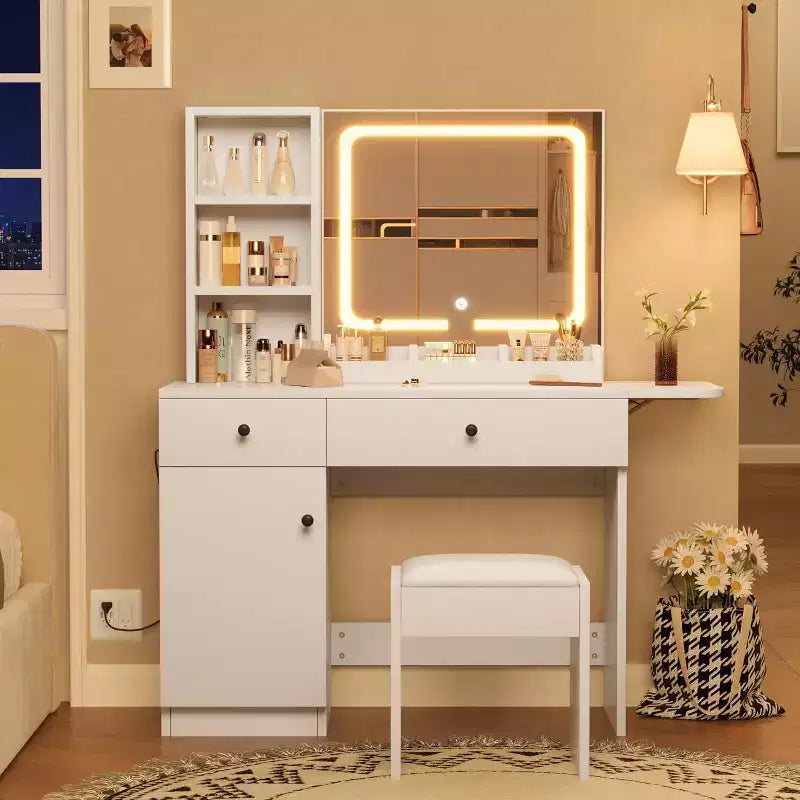 Vanity Desk, Makeup Vanity with Mirror, LED Light, 2 Drawers and Storage Cabinet, Vanity Table Set with Comfortable Stool for Bedroom