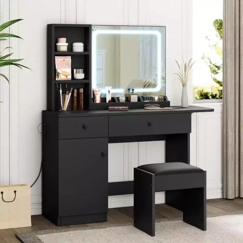 Vanity Desk, Makeup Vanity with Mirror, LED Light, 2 Drawers and Storage Cabinet, Vanity Table Set with Comfortable Stool for Bedroom