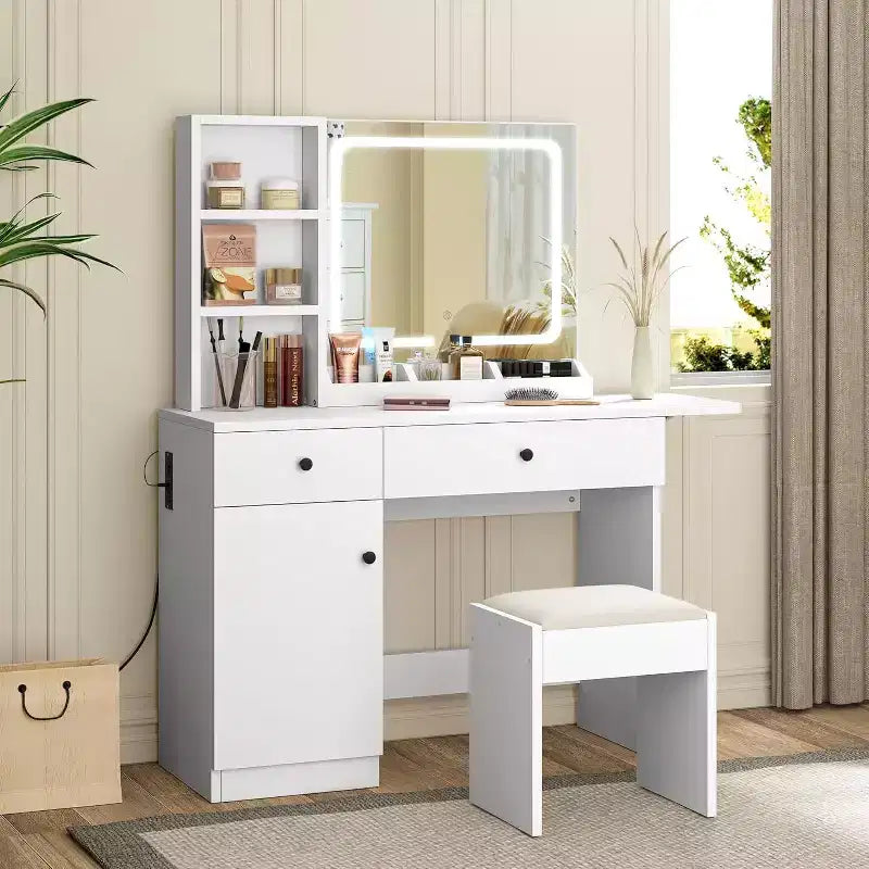 Vanity Desk, Makeup Vanity with Mirror, LED Light, 2 Drawers and Storage Cabinet, Vanity Table Set with Comfortable Stool for Bedroom
