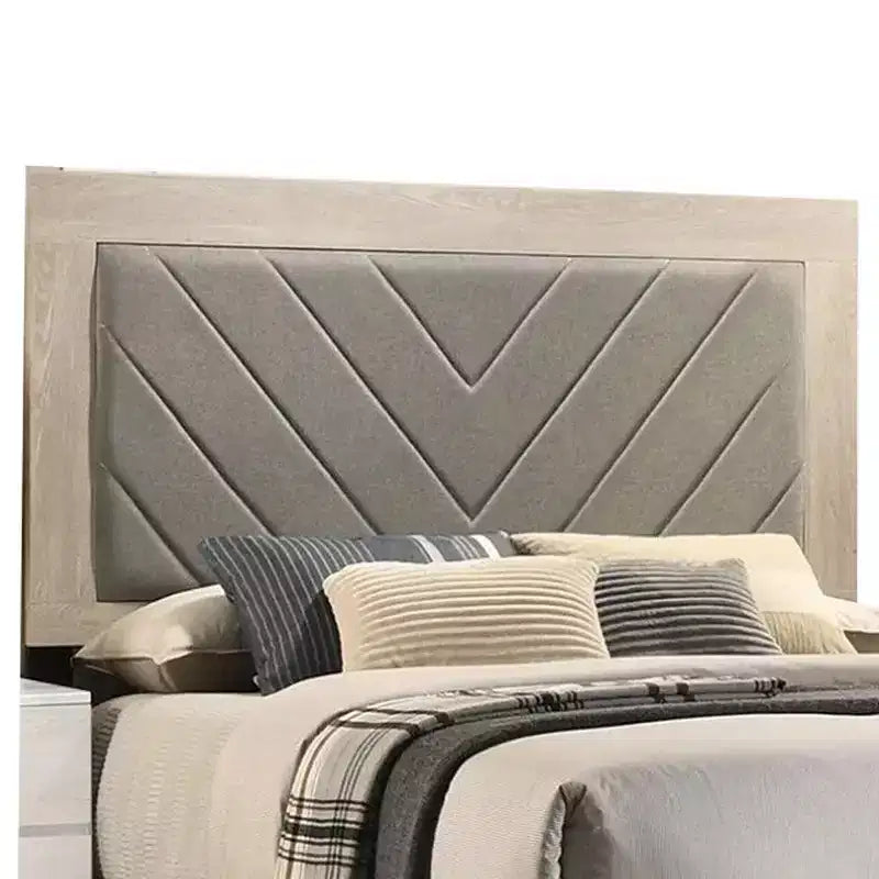 Royal Hampton Upholstered Queen Size Bed, Chevron Tufted Gray Headboard, Cream