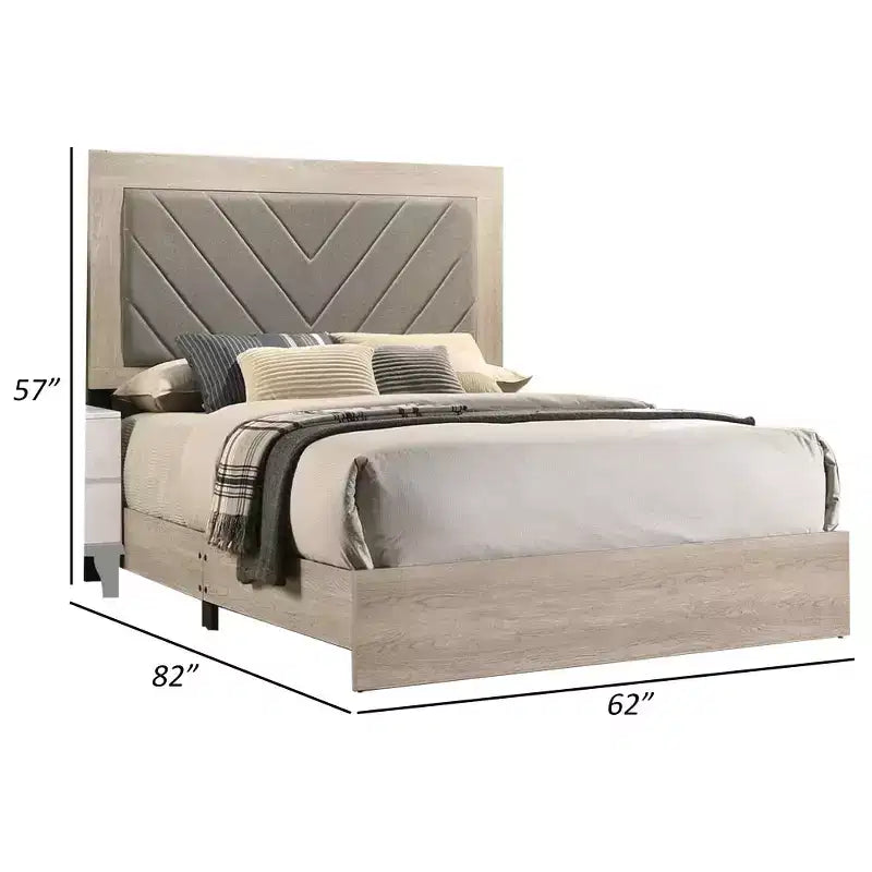 Royal Hampton Upholstered Queen Size Bed, Chevron Tufted Gray Headboard, Cream