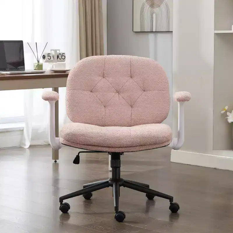 Pink Cross-Leg Chair: Flip Arms, Wheels, Wide Seat Swivel C Comfy Desk/Vanity for Women