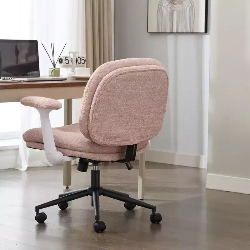 Pink Cross-Leg Chair: Flip Arms, Wheels, Wide Seat Swivel C Comfy Desk/Vanity for Women