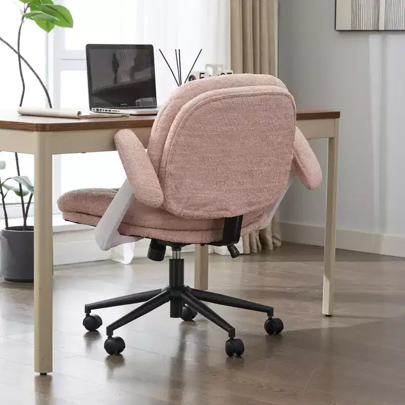 Pink Cross-Leg Chair: Flip Arms, Wheels, Wide Seat Swivel C Comfy Desk/Vanity for Women