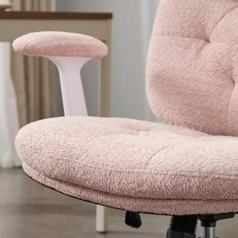 Pink Cross-Leg Chair: Flip Arms, Wheels, Wide Seat Swivel C Comfy Desk/Vanity for Women