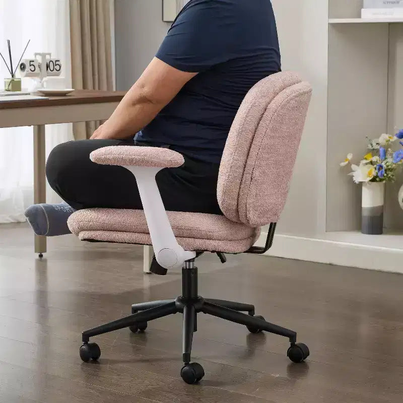 Pink Cross-Leg Chair: Flip Arms, Wheels, Wide Seat Swivel C Comfy Desk/Vanity for Women