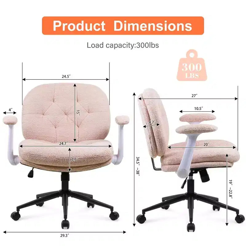 Pink Cross-Leg Chair: Flip Arms, Wheels, Wide Seat Swivel C Comfy Desk/Vanity for Women