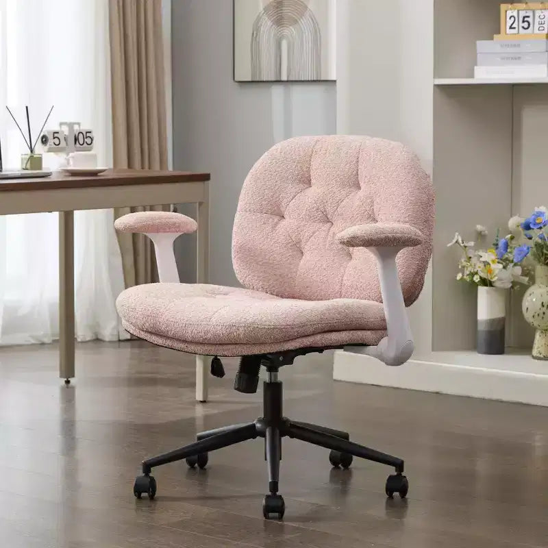 Pink Cross-Leg Chair: Flip Arms, Wheels, Wide Seat Swivel C Comfy Desk/Vanity for Women