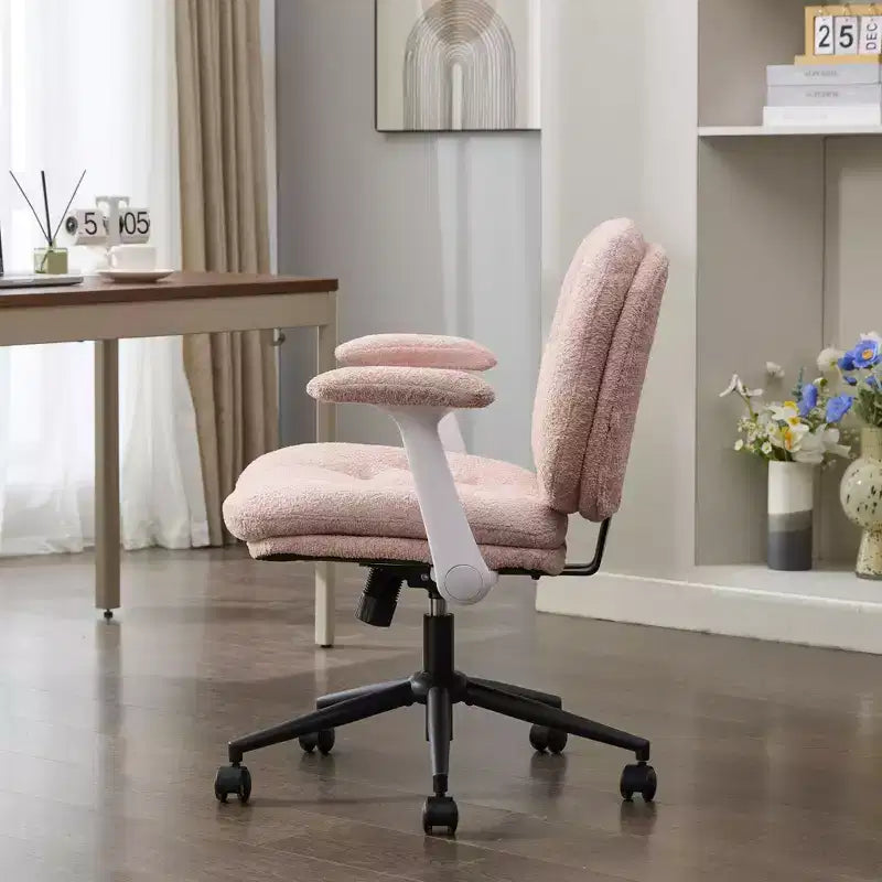 Pink Cross-Leg Chair: Flip Arms, Wheels, Wide Seat Swivel C Comfy Desk/Vanity for Women