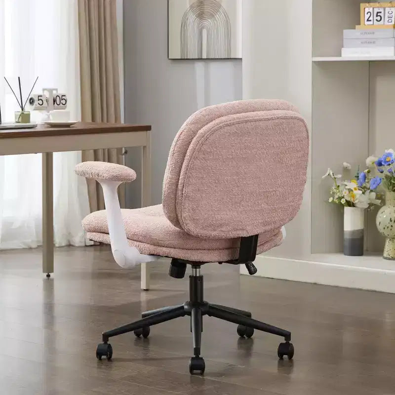 Pink Cross-Leg Chair: Flip Arms, Wheels, Wide Seat Swivel C Comfy Desk/Vanity for Women
