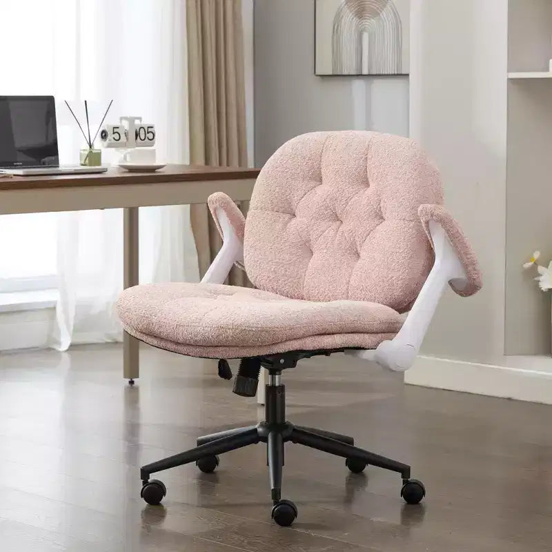 Pink Cross-Leg Chair: Flip Arms, Wheels, Wide Seat Swivel C Comfy Desk/Vanity for Women