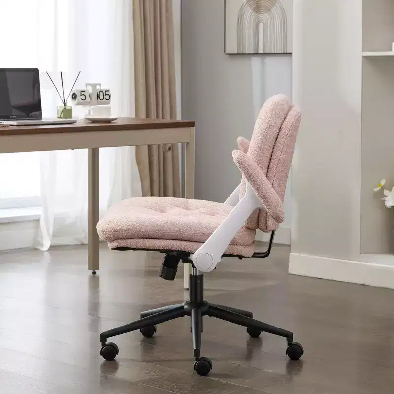 Pink Cross-Leg Chair: Flip Arms, Wheels, Wide Seat Swivel C Comfy Desk/Vanity for Women