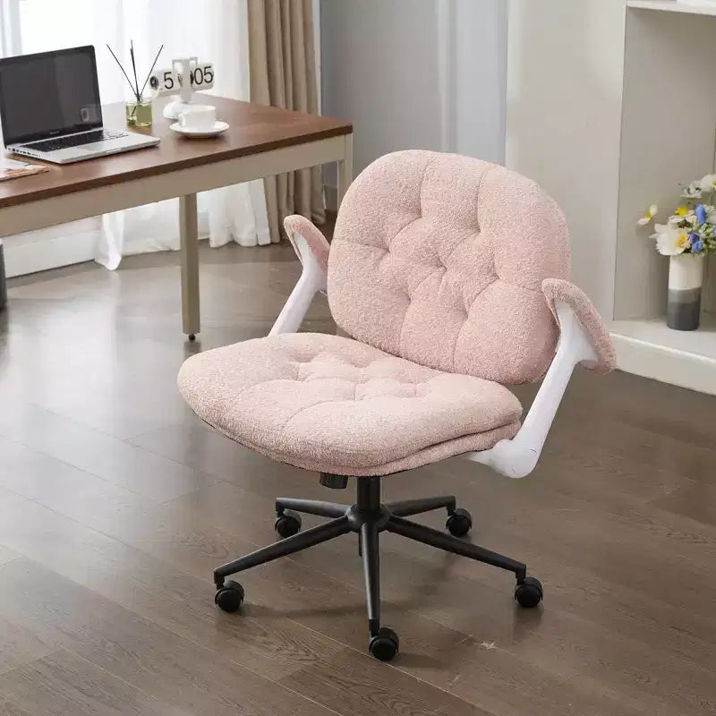 Pink Cross-Leg Chair: Flip Arms, Wheels, Wide Seat Swivel C Comfy Desk/Vanity for Women
