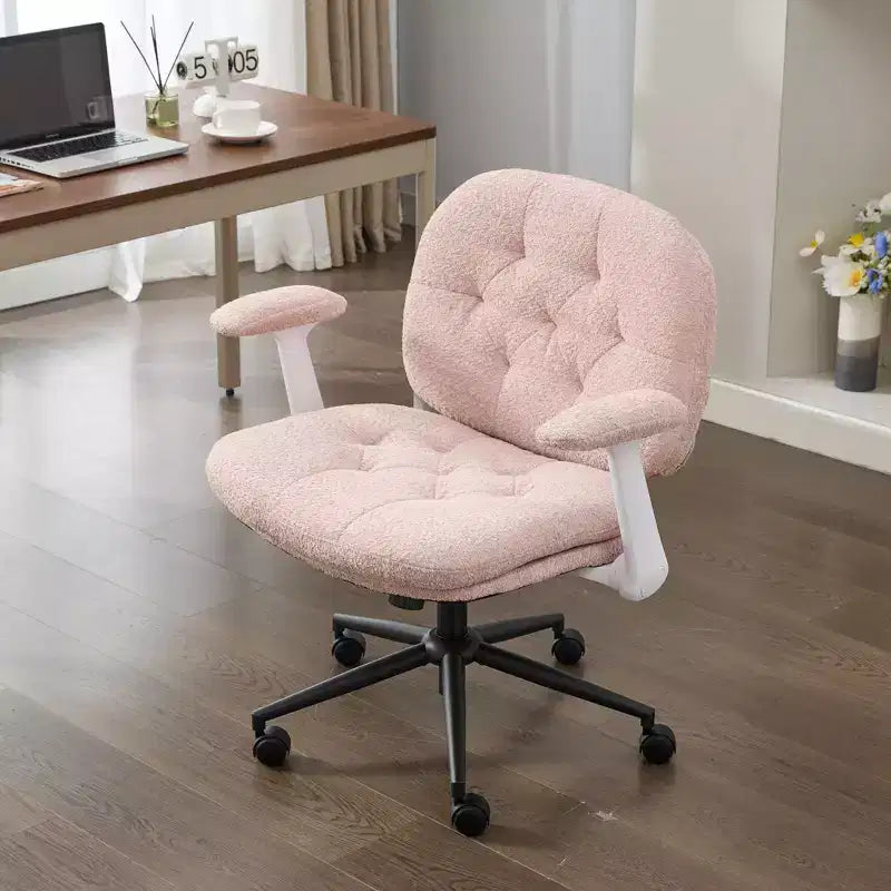 Pink Cross-Leg Chair: Flip Arms, Wheels, Wide Seat Swivel C Comfy Desk/Vanity for Women