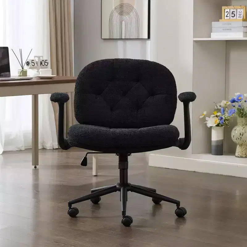 Black Cross-Leg Flip-Arm Chair: Wide Seat Swivel C Comfy Desk/Vanity for Women, Home/Office Ready