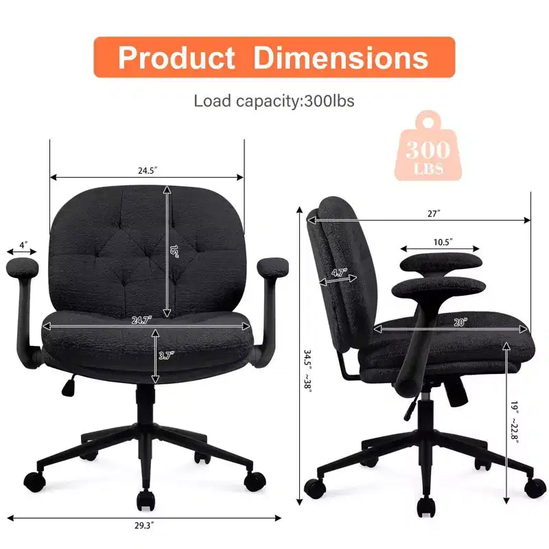 Black Cross-Leg Flip-Arm Chair: Wide Seat Swivel C Comfy Desk/Vanity for Women, Home/Office Ready
