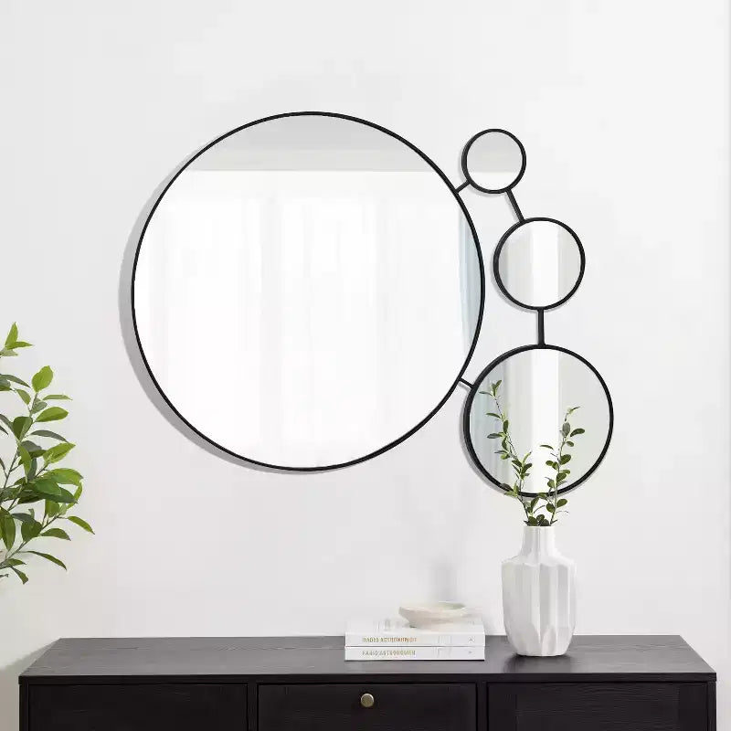 LuxenHome Round Wall Mirror, 34.5L x 24.5W Circles Black Metal Frame Modern Decorative Wall Mirror