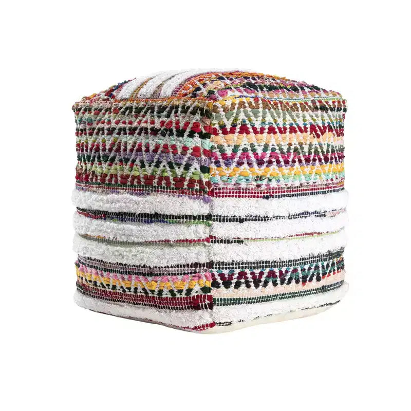 HomeRoots 18 Natural And Rainbow Cotton Blend Chevron Pouf Ottoman