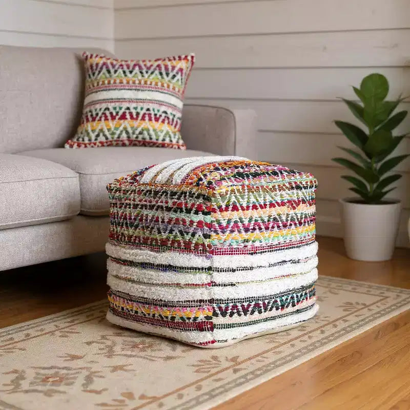 HomeRoots 18 Natural And Rainbow Cotton Blend Chevron Pouf Ottoman