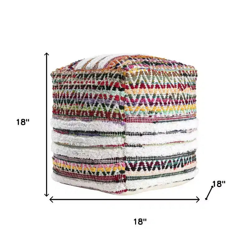 HomeRoots 18 Natural And Rainbow Cotton Blend Chevron Pouf Ottoman