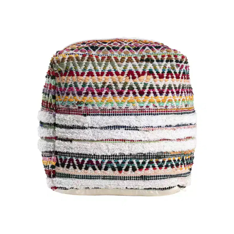 HomeRoots 18 Natural And Rainbow Cotton Blend Chevron Pouf Ottoman
