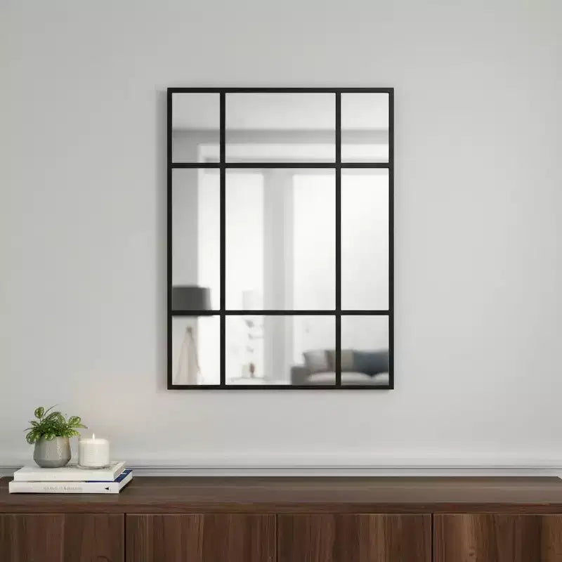 HomeRoots 39 Black Iron Window Pane Geometric Framed Accent Mirror