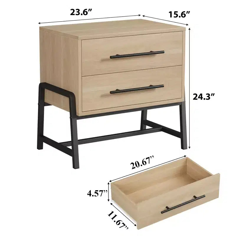 Modern Nightstand with Drawers, Mid-Century Nightstand with 2 Storage Drawers, Light Wood Bedside Table with Metal Legs for Bedroom & Living Room