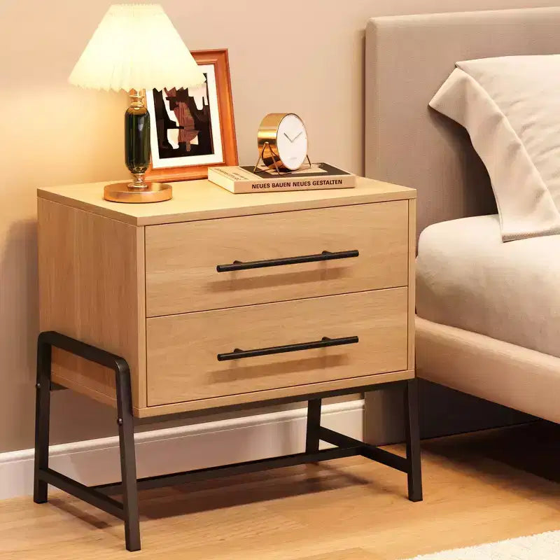Modern Nightstand with Drawers, Mid-Century Nightstand with 2 Storage Drawers, Light Wood Bedside Table with Metal Legs for Bedroom & Living Room