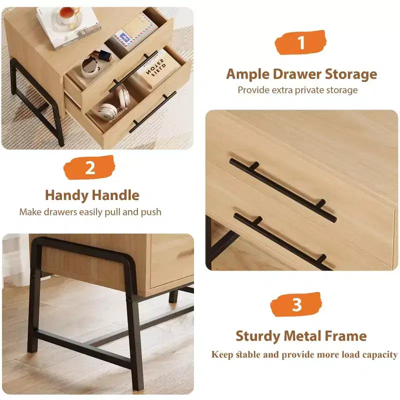 Modern Nightstand with Drawers, Mid-Century Nightstand with 2 Storage Drawers, Light Wood Bedside Table with Metal Legs for Bedroom & Living Room