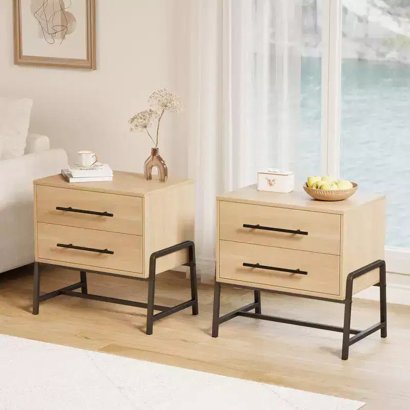 Modern Nightstand with Drawers, Mid-Century Nightstand with 2 Storage Drawers, Light Wood Bedside Table with Metal Legs for Bedroom & Living Room