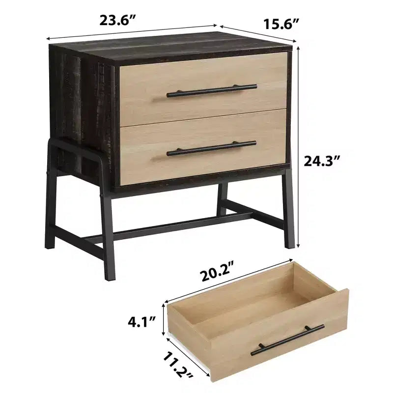 Modern Nightstand with Drawers, Mid-Century Nightstand with 2 Storage Drawers, Light Wood Bedside Table with Metal Legs for Bedroom & Living Room
