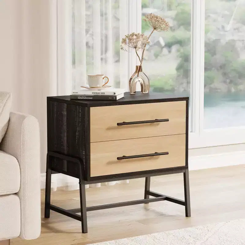 Modern Nightstand with Drawers, Mid-Century Nightstand with 2 Storage Drawers, Light Wood Bedside Table with Metal Legs for Bedroom & Living Room