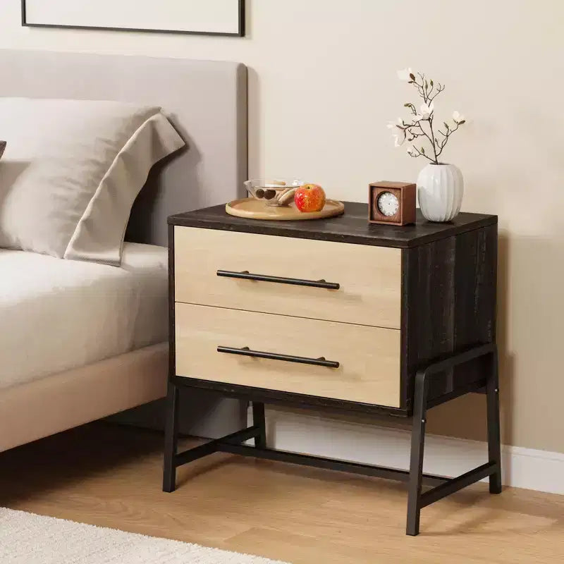 Modern Nightstand with Drawers, Mid-Century Nightstand with 2 Storage Drawers, Light Wood Bedside Table with Metal Legs for Bedroom & Living Room